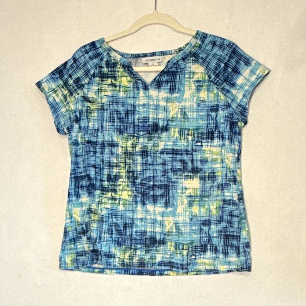 Liz Claiborne V-Neck T-Shirt Sz L Blue Green Abstract 100% Cotton Casual Comfy